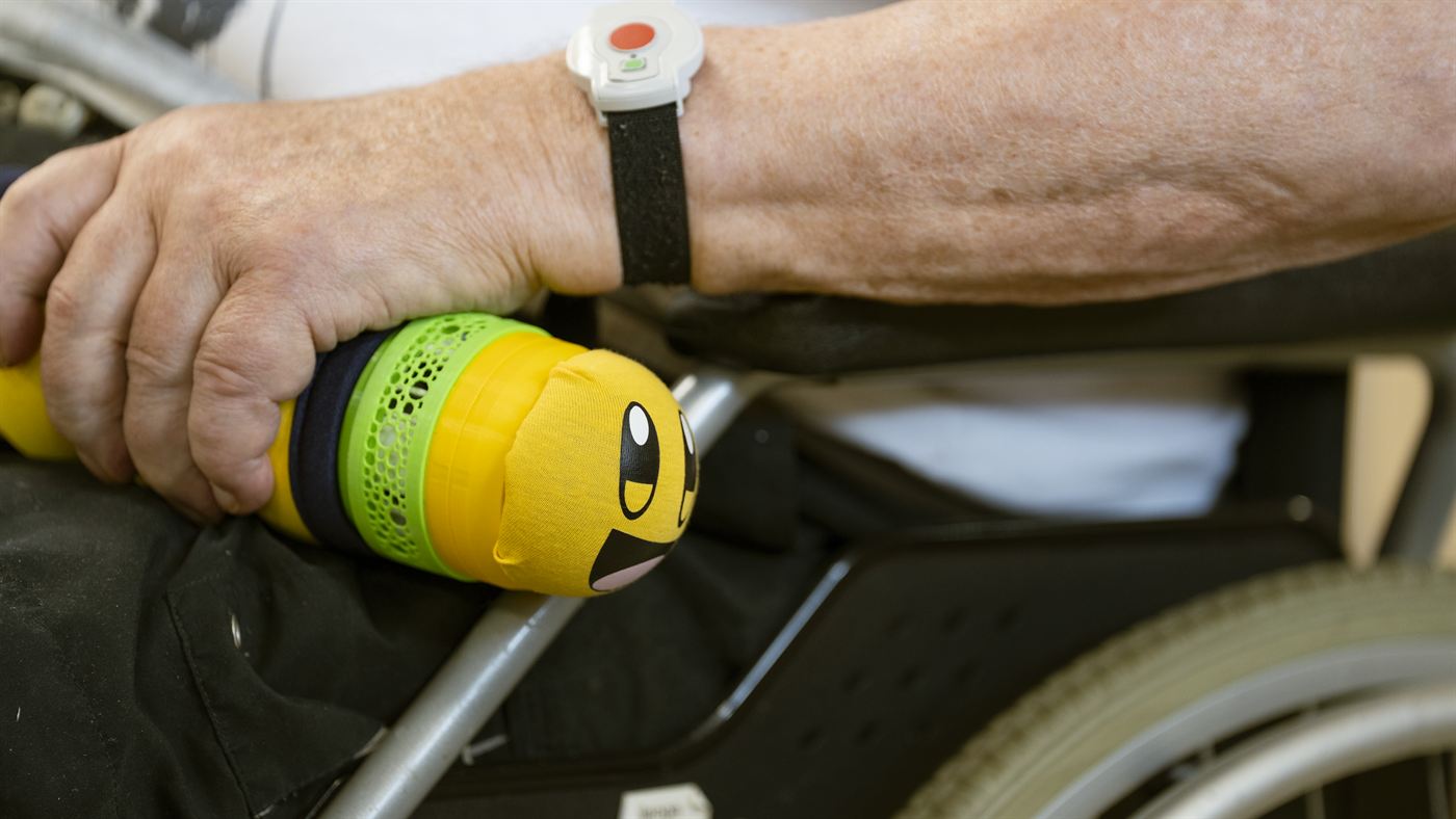 Die Maupe liegt auf dem Arm einer sitzenden Person, eine Hand ruht auf dem Kopf.